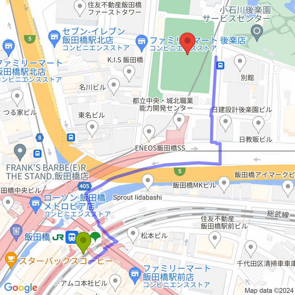 小石川運動場の最寄駅飯田橋駅からの徒歩ルート（約6分）地図