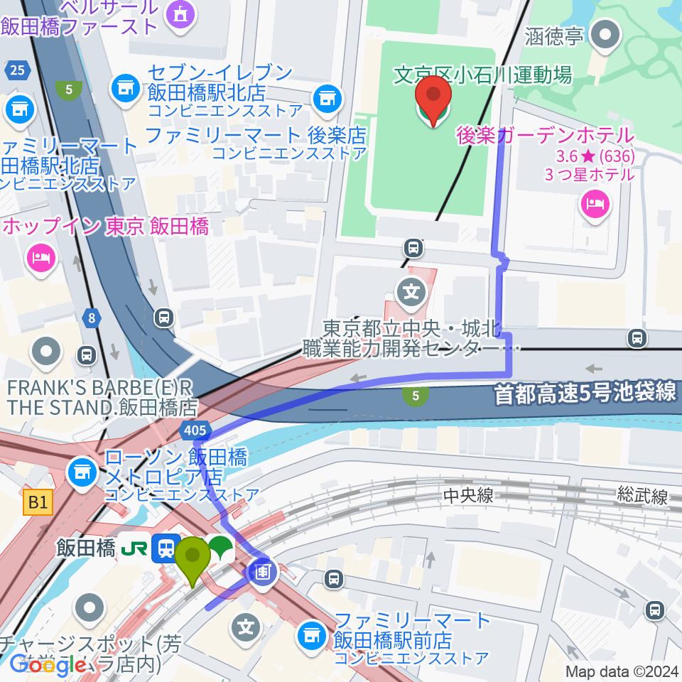 小石川運動場の最寄駅飯田橋駅からの徒歩ルート（約6分）地図