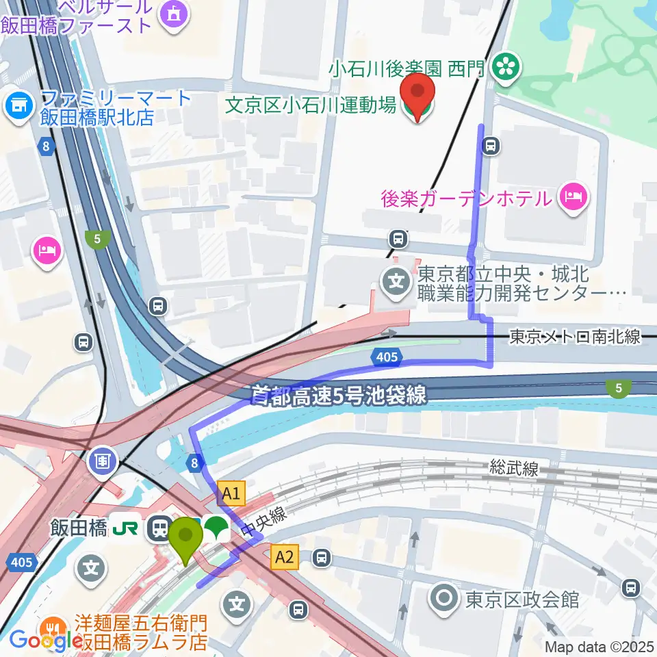 小石川運動場の最寄駅飯田橋駅からの徒歩ルート（約6分）地図