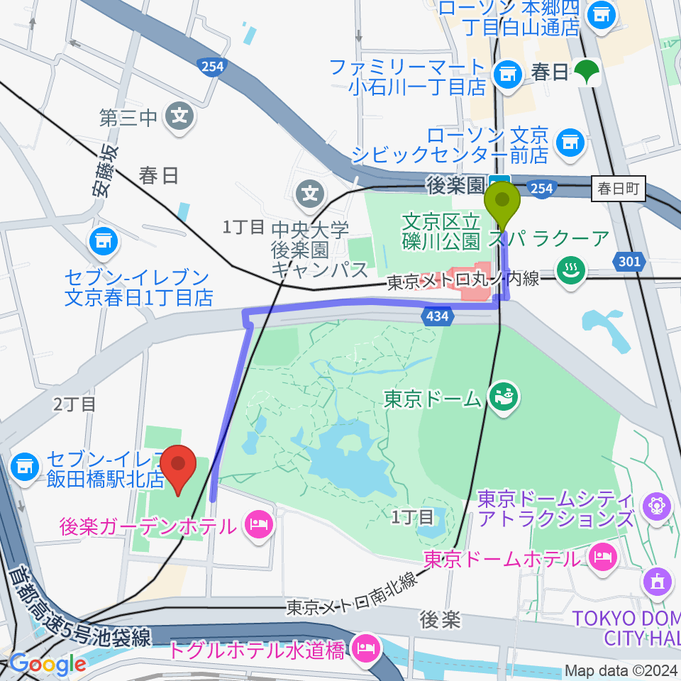 後楽園駅から小石川運動場へのルートマップ地図