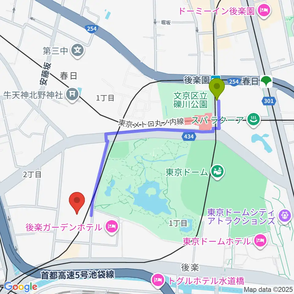 後楽園駅から小石川運動場へのルートマップ地図