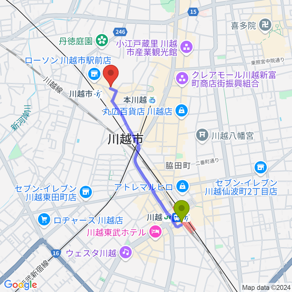 川越駅からスタジオチコへのルートマップ地図