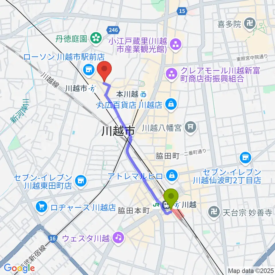 川越駅からスタジオチコへのルートマップ地図