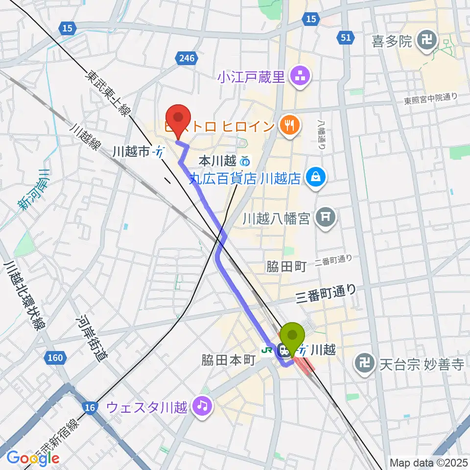 川越駅からスタジオチコへのルートマップ地図