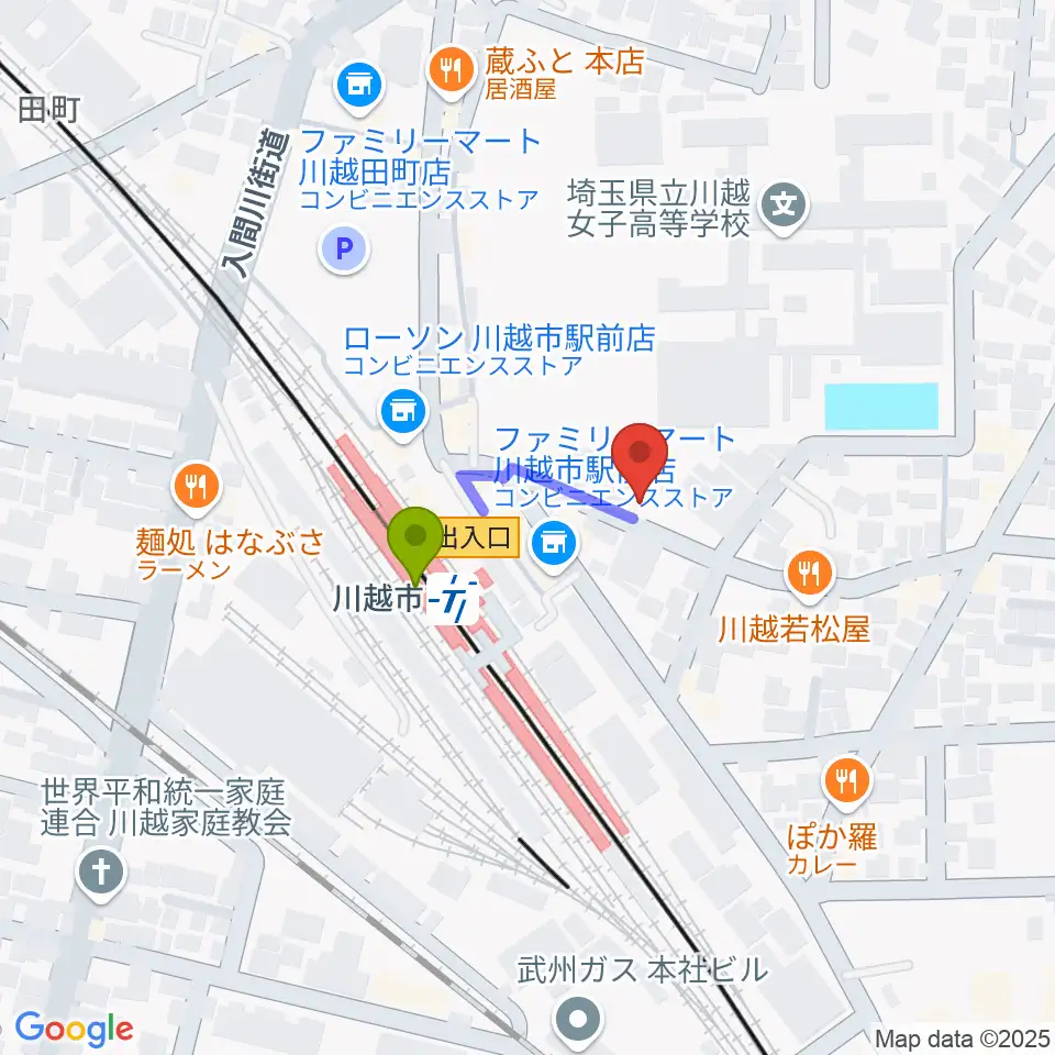 スタジオチコの最寄駅川越市駅からの徒歩ルート（約2分）地図