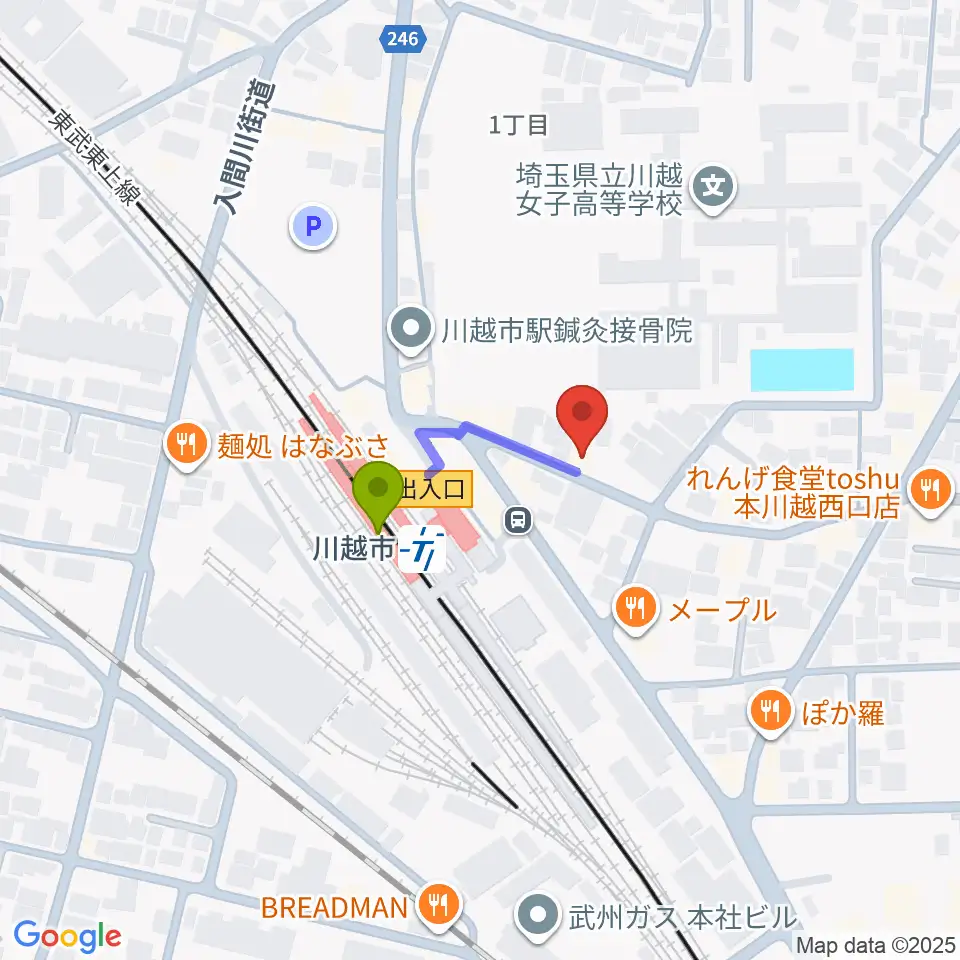 スタジオチコの最寄駅川越市駅からの徒歩ルート（約2分）地図