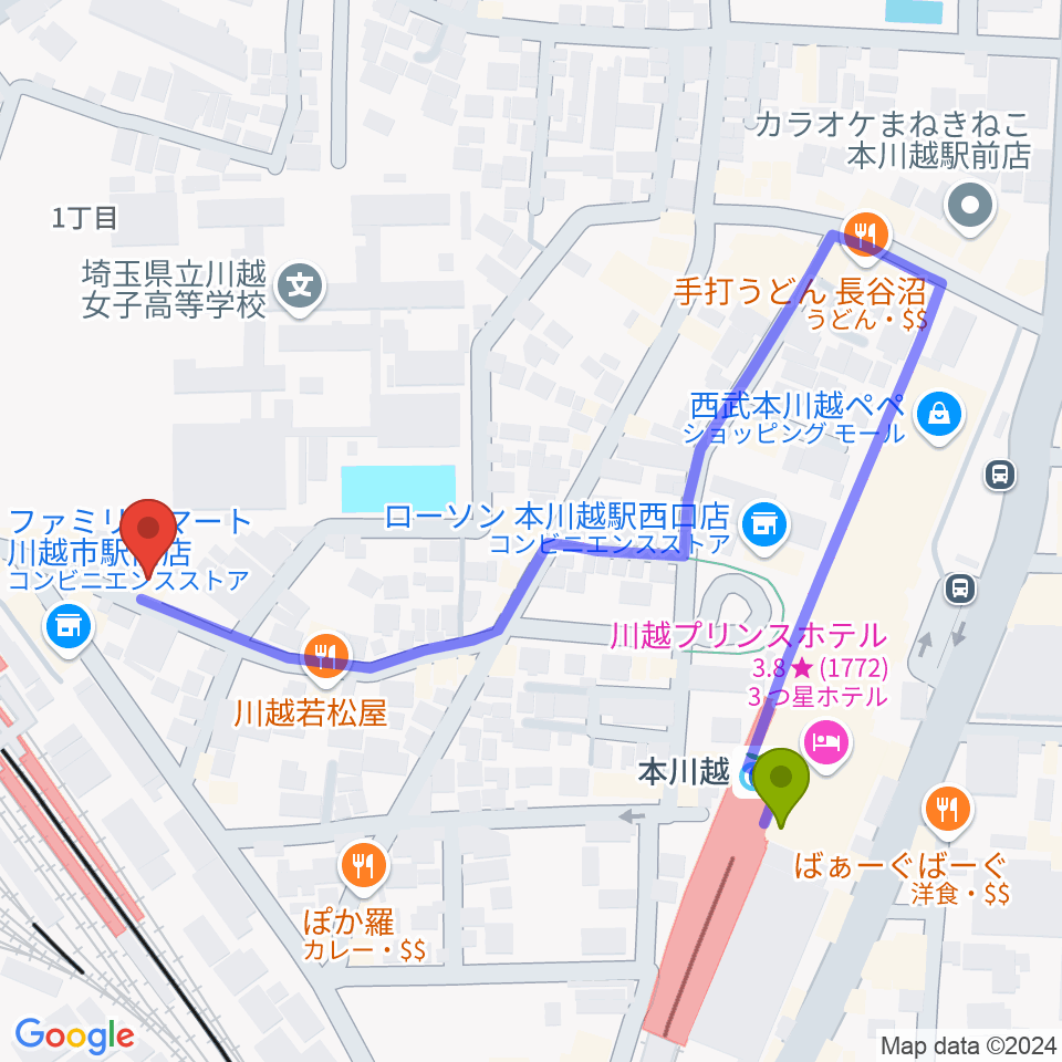 本川越駅からSTUDIO CHIKO（スタジオチコ）へのルートマップ地図