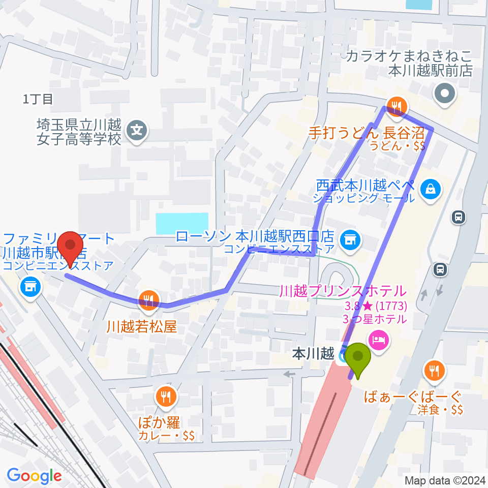 本川越駅からスタジオチコへのルートマップ地図