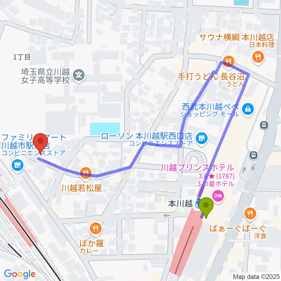 本川越駅からスタジオチコへのルートマップ地図