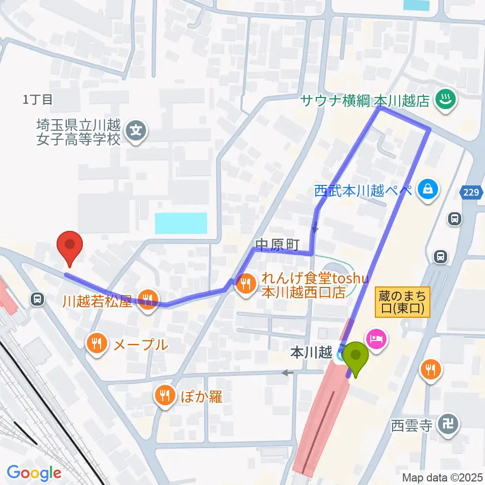 本川越駅からスタジオチコへのルートマップ地図