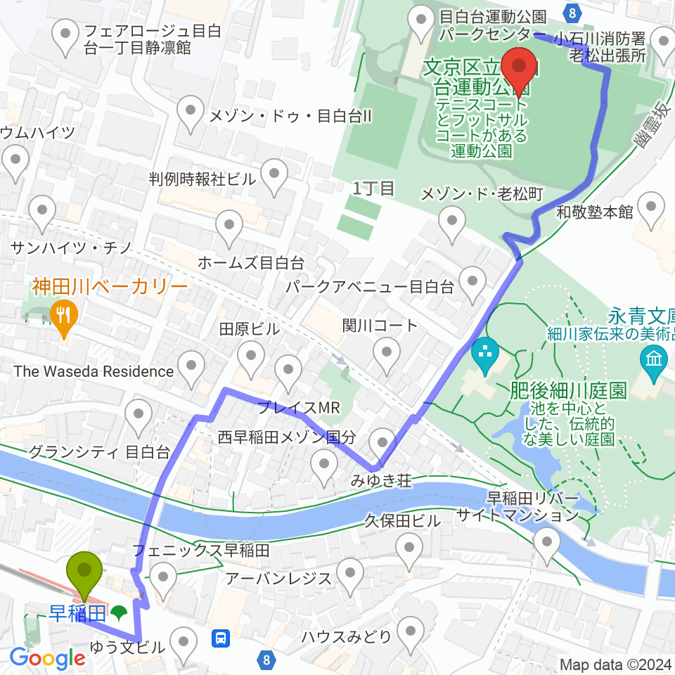 目白台運動公園多目的広場の最寄駅早稲田駅からの徒歩ルート（約8分）地図