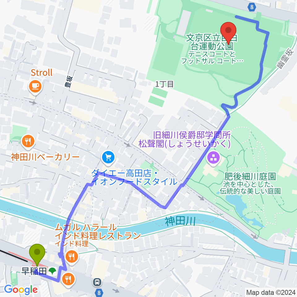 目白台運動公園多目的広場の最寄駅早稲田駅からの徒歩ルート（約8分）地図