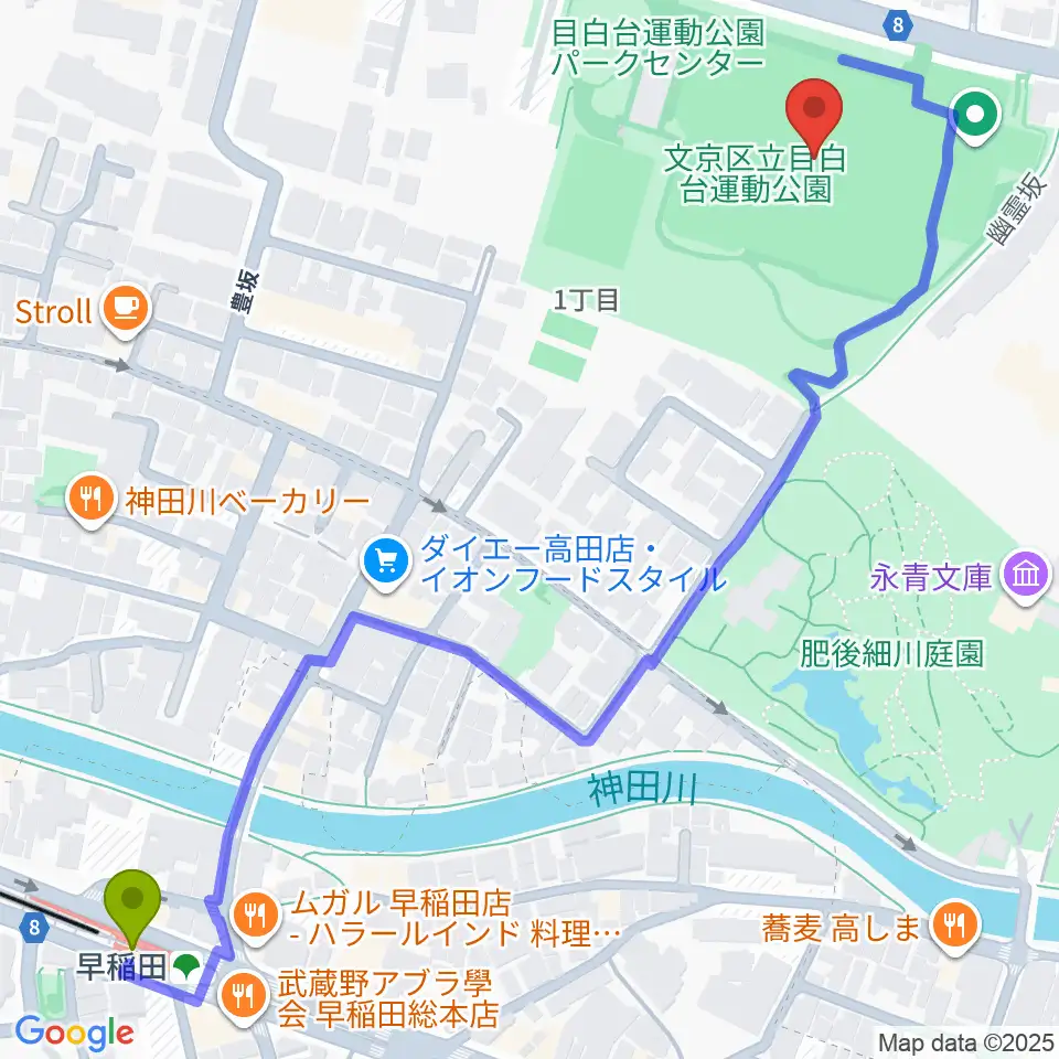目白台運動公園多目的広場の最寄駅早稲田駅からの徒歩ルート（約8分）地図