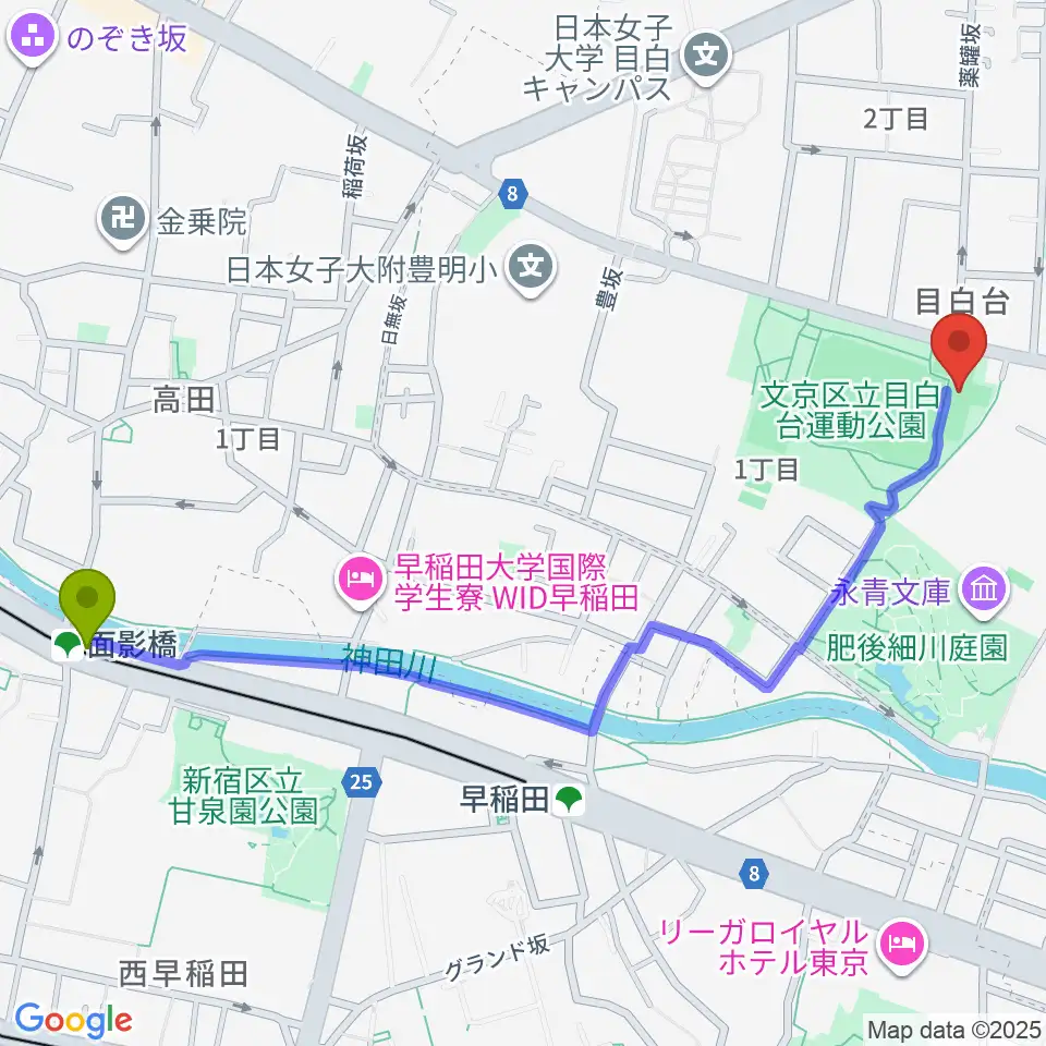 面影橋駅から目白台運動公園フットサルコートへのルートマップ地図