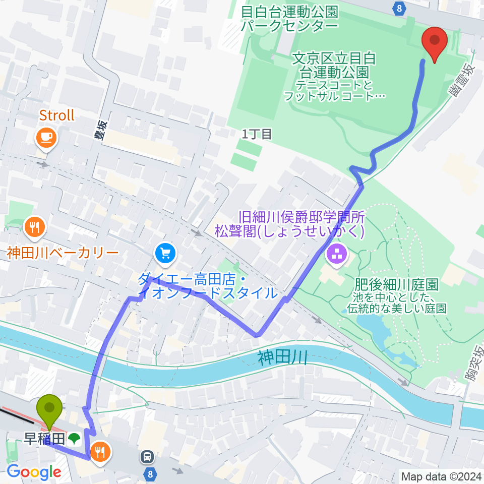 目白台運動公園フットサルコートの最寄駅早稲田駅からの徒歩ルート（約9分）地図