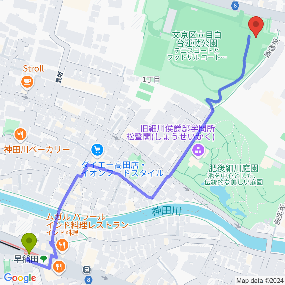 目白台運動公園フットサルコートの最寄駅早稲田駅からの徒歩ルート（約9分）地図