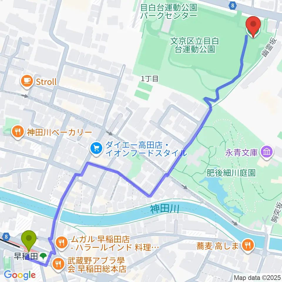 目白台運動公園フットサルコートの最寄駅早稲田駅からの徒歩ルート（約9分）地図