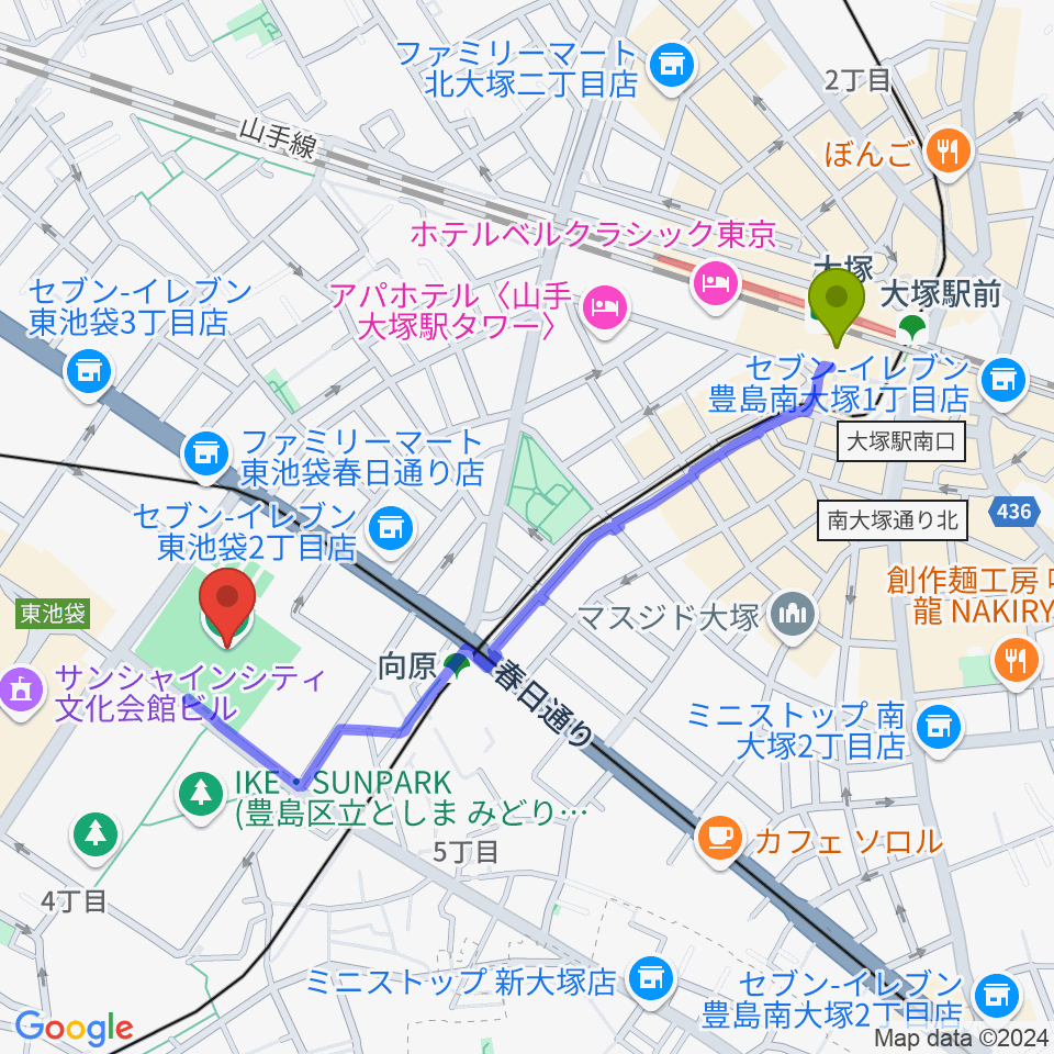 大塚駅から豊島区総合体育場野球場へのルートマップ地図