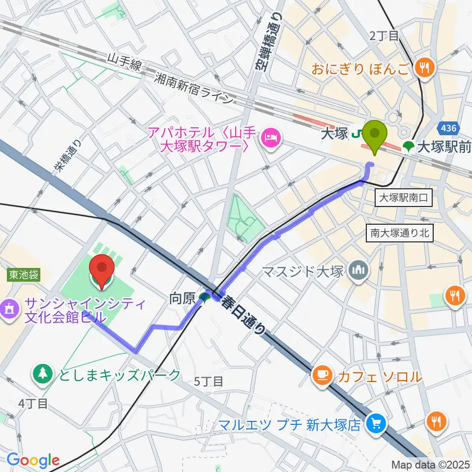 大塚駅から豊島区総合体育場野球場へのルートマップ地図