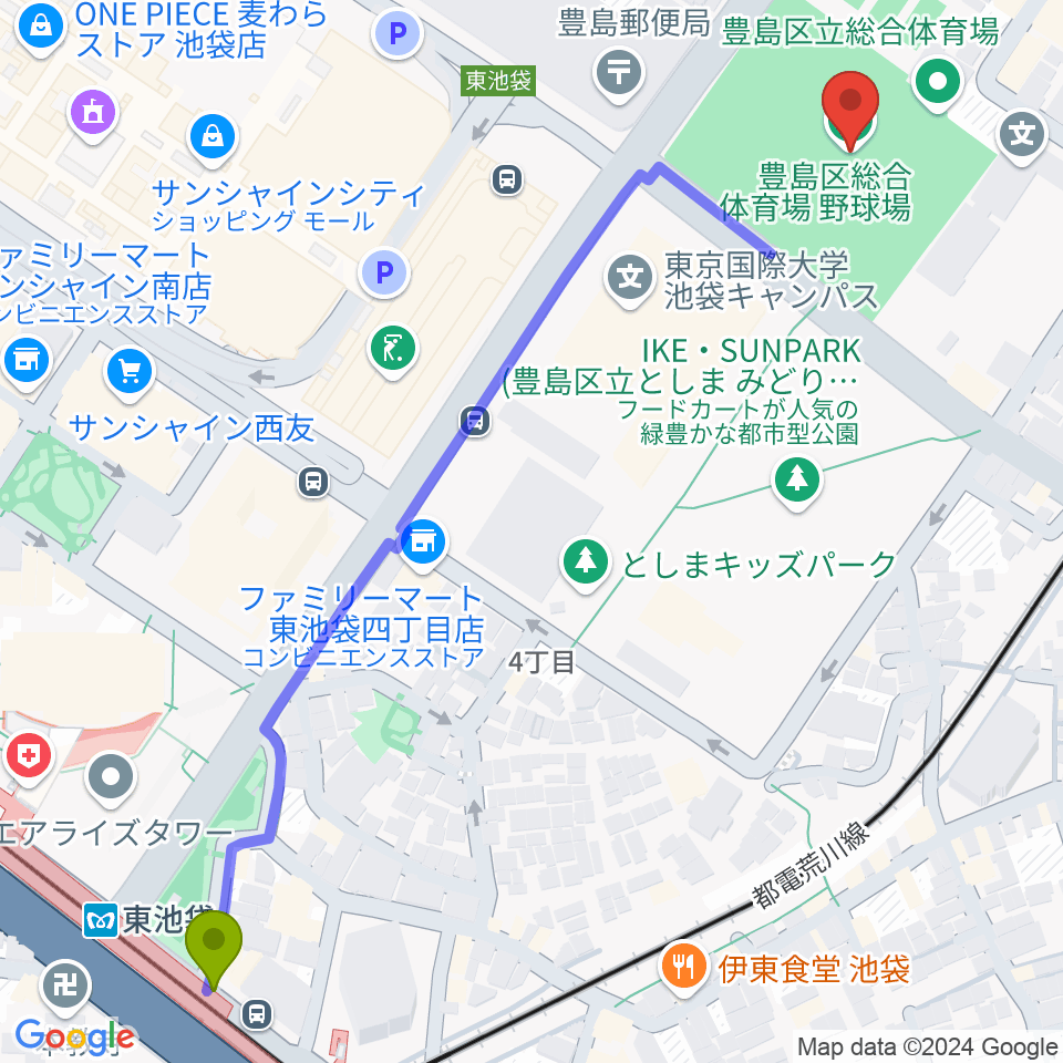 東池袋駅から豊島区総合体育場野球場へのルートマップ地図