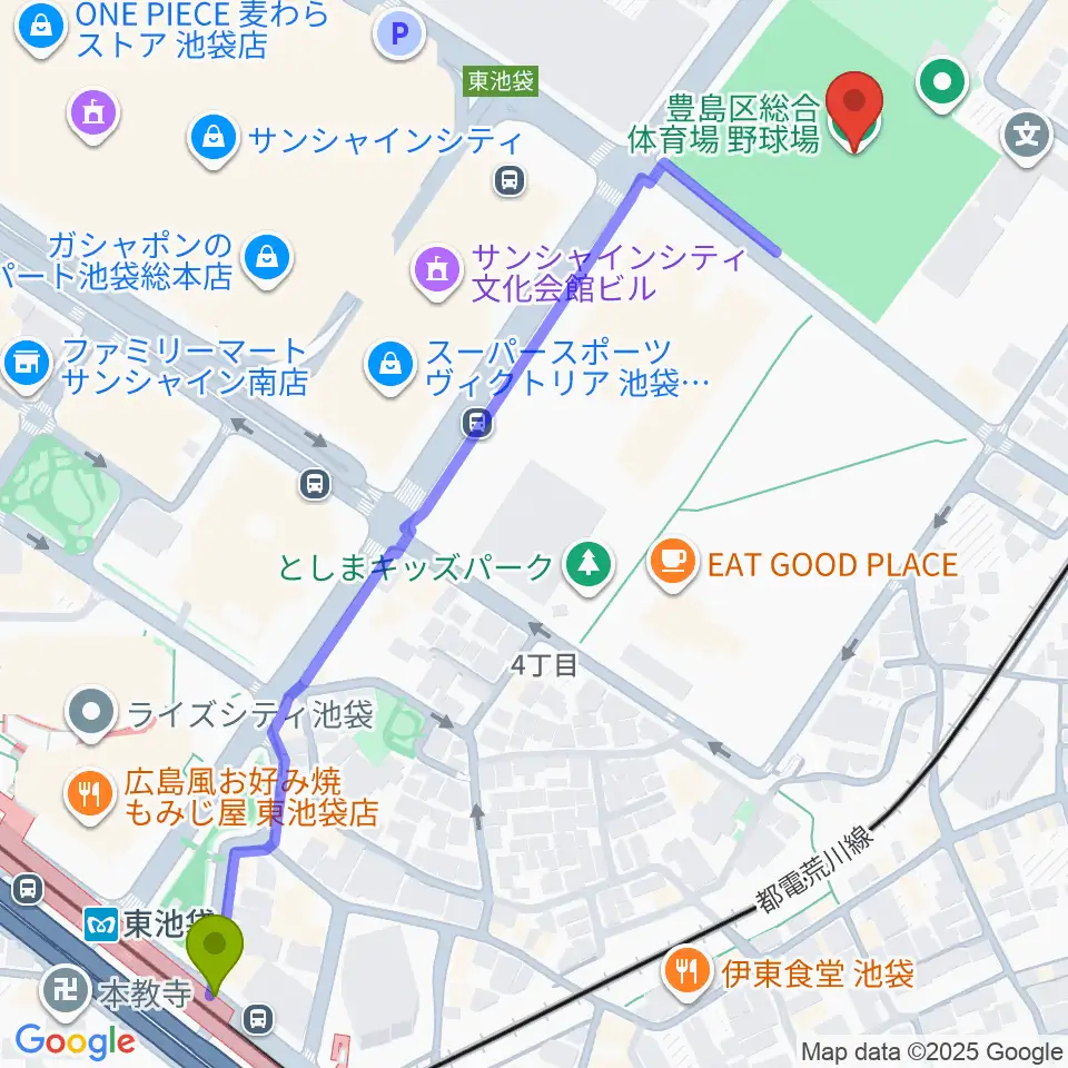 東池袋駅から豊島区総合体育場野球場へのルートマップ地図