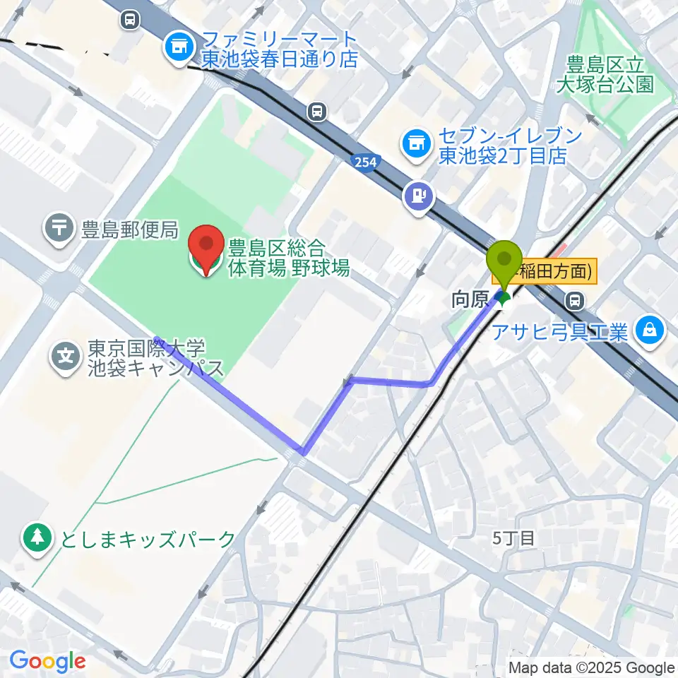豊島区総合体育場野球場の最寄駅向原駅からの徒歩ルート（約3分）地図