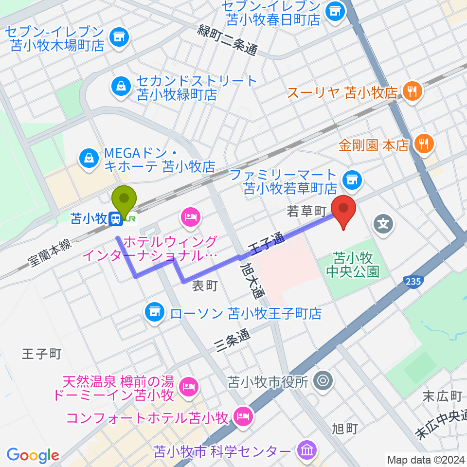 nepiaアイスアリーナの最寄駅苫小牧駅からの徒歩ルート（約13分）地図