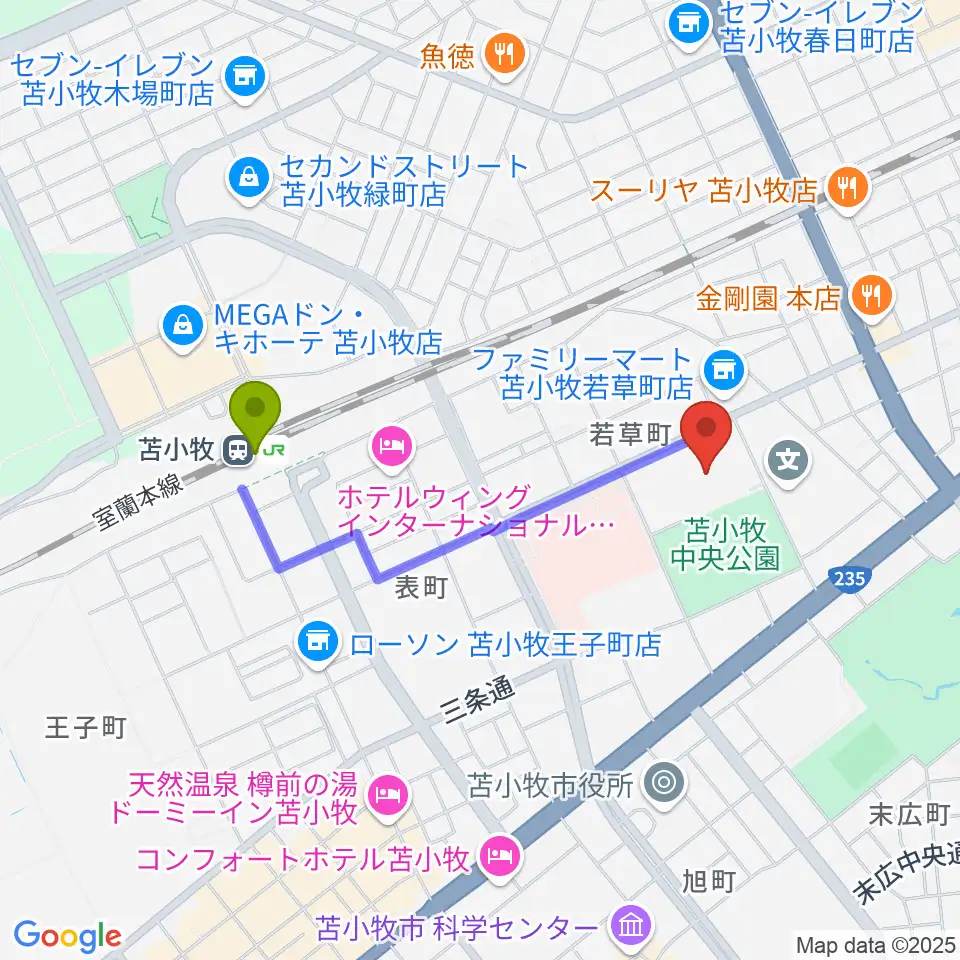 nepiaアイスアリーナの最寄駅苫小牧駅からの徒歩ルート（約13分）地図