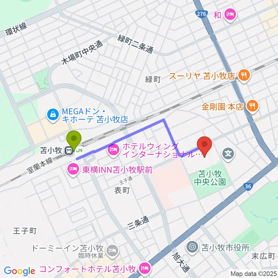 nepiaアイスアリーナの最寄駅苫小牧駅からの徒歩ルート（約13分）地図
