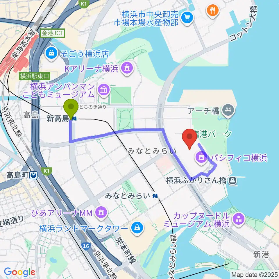 新高島駅からパシフィコ横浜 展示ホールへのルートマップ地図