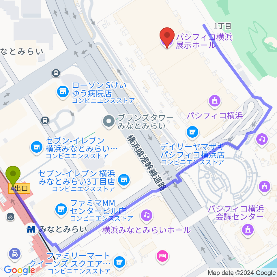 パシフィコ横浜 展示ホールの最寄駅みなとみらい駅からの徒歩ルート（約6分）地図