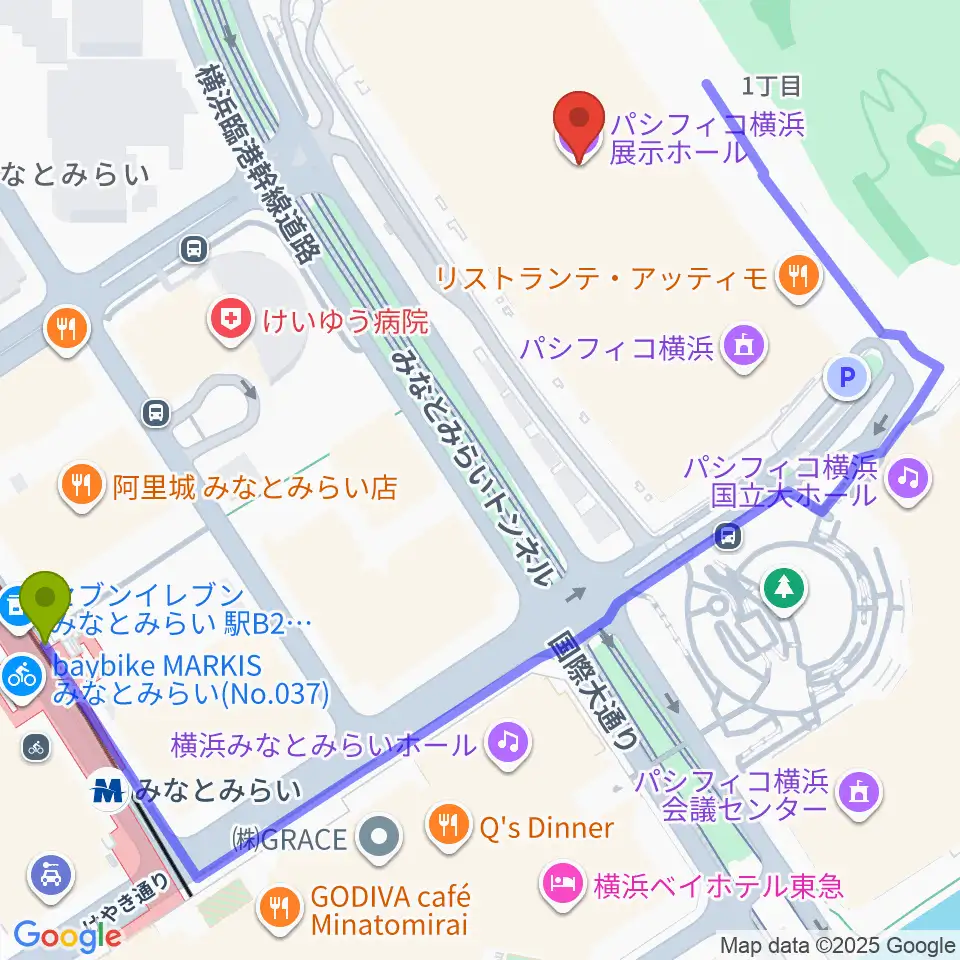 パシフィコ横浜 展示ホールの最寄駅みなとみらい駅からの徒歩ルート（約6分）地図