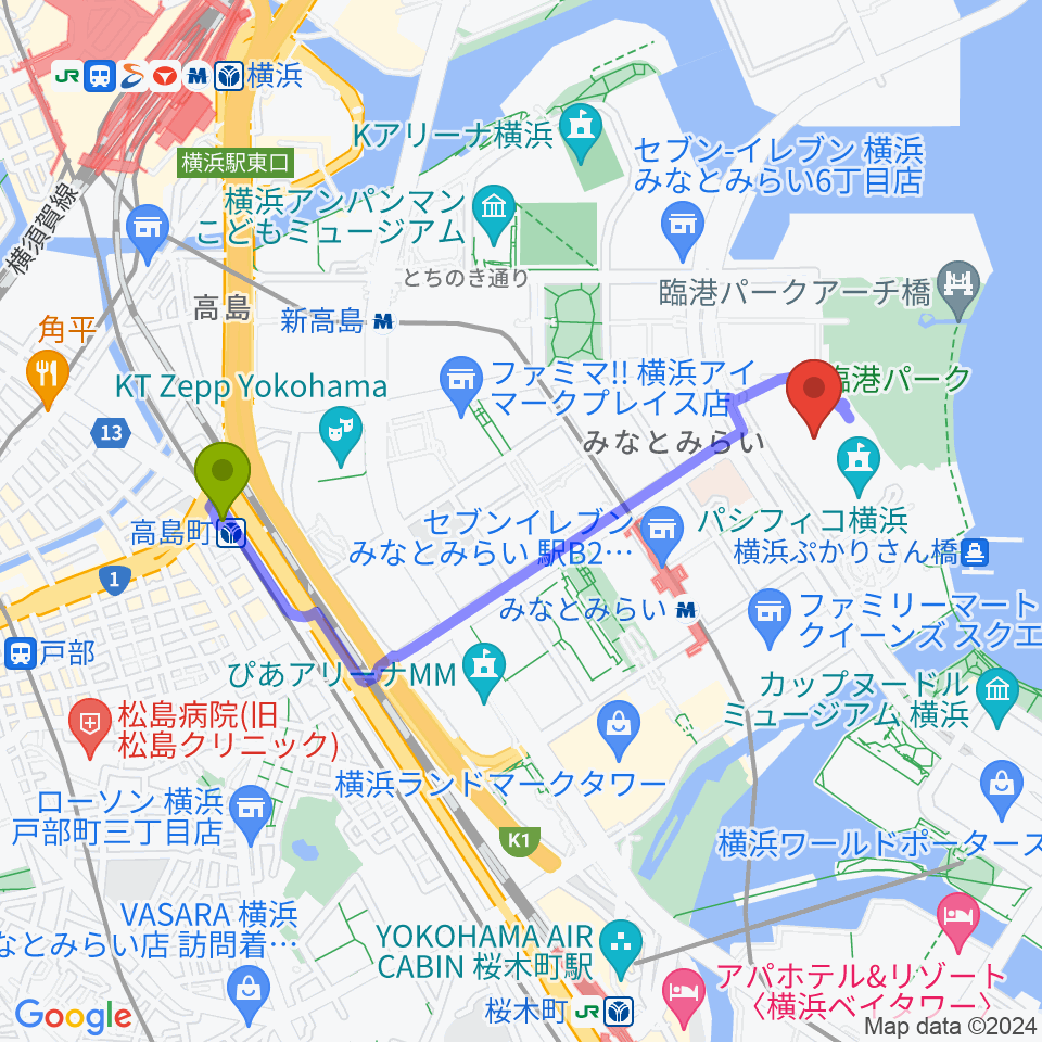 高島町駅からパシフィコ横浜 展示ホールへのルートマップ地図