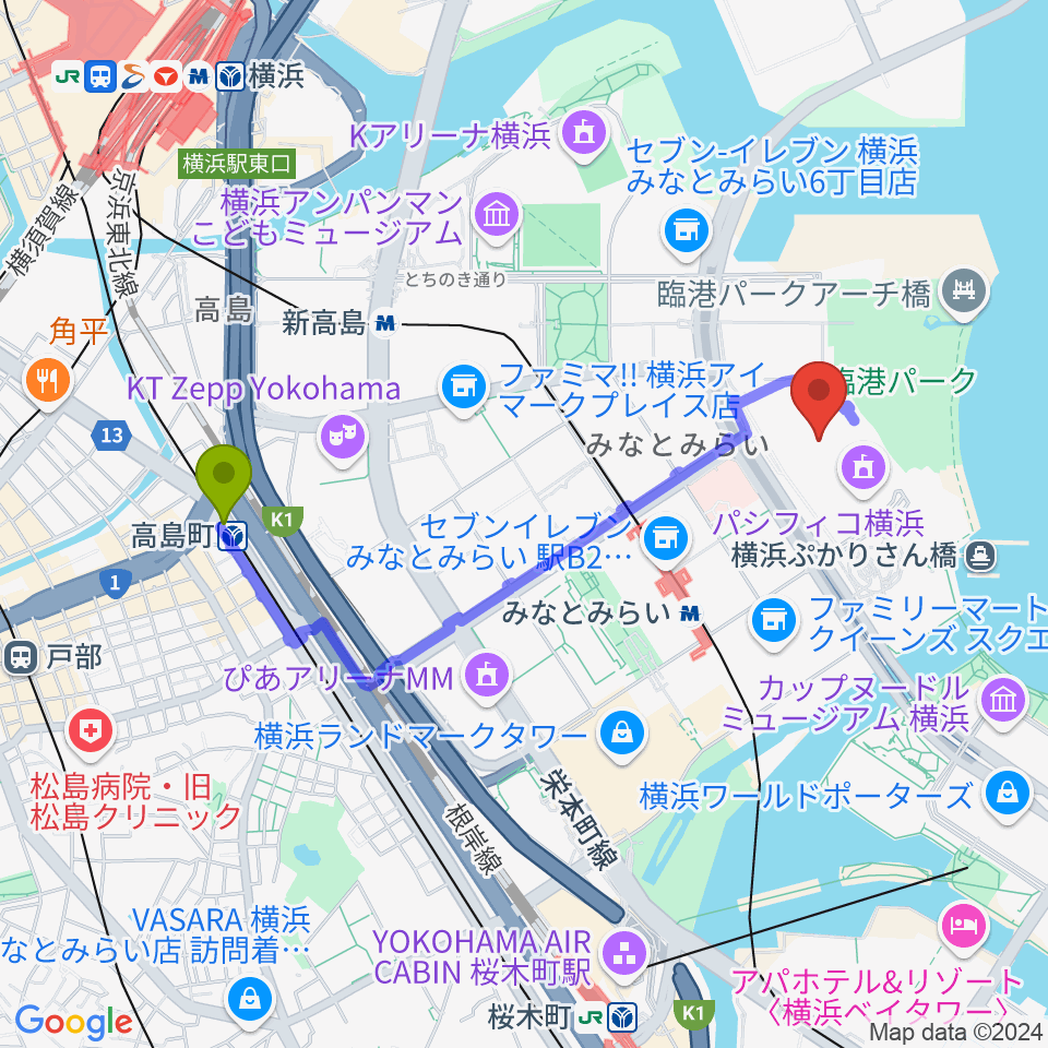 高島町駅からパシフィコ横浜 展示ホールへのルートマップ地図