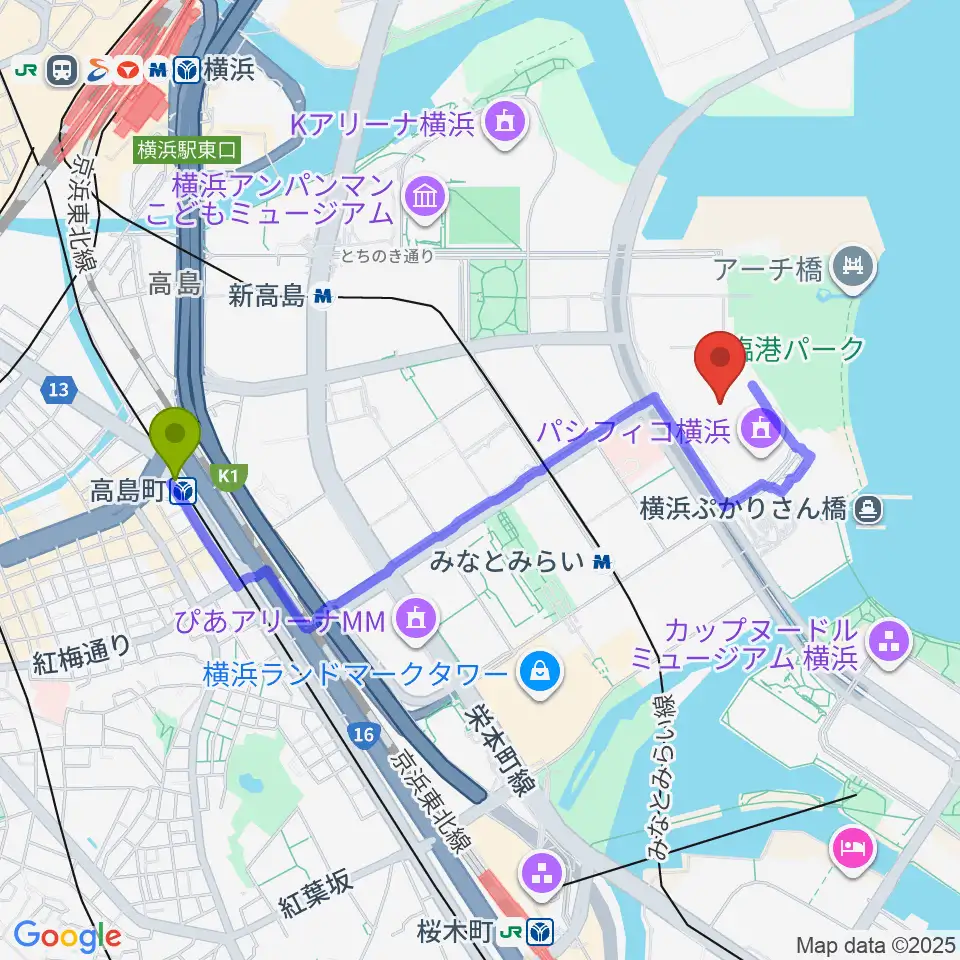 高島町駅からパシフィコ横浜 展示ホールへのルートマップ地図