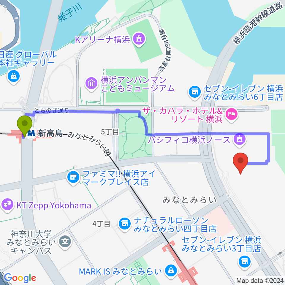 新高島駅からパシフィコ横浜 アネックスホールへのルートマップ地図