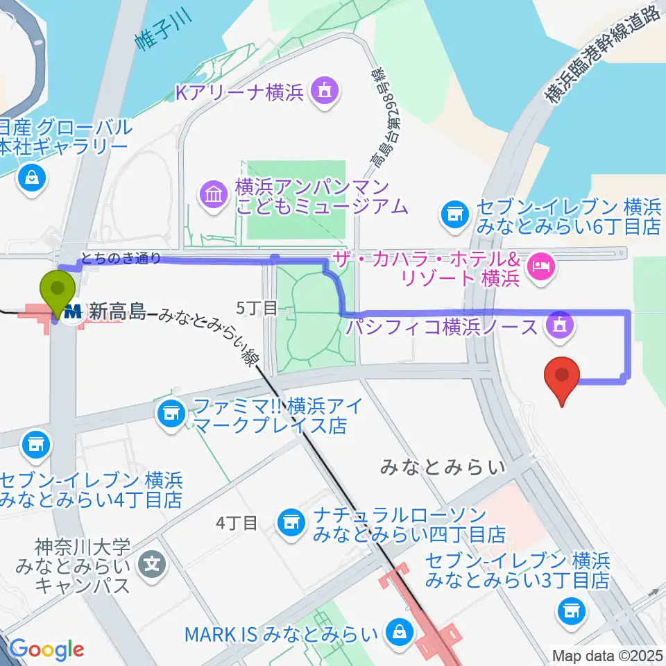 新高島駅からパシフィコ横浜 アネックスホールへのルートマップ地図