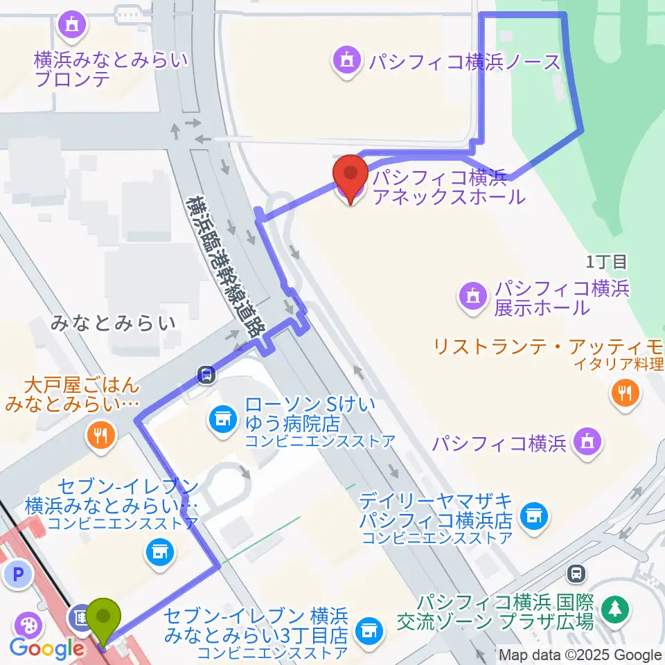 パシフィコ横浜 アネックスホールの最寄駅みなとみらい駅からの徒歩ルート（約6分）地図