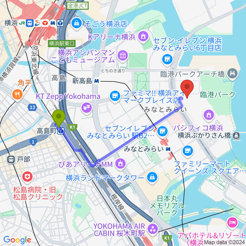 高島町駅からパシフィコ横浜 アネックスホールへのルートマップ地図