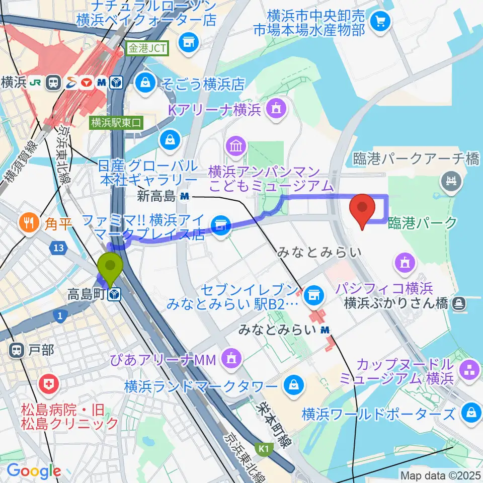 高島町駅からパシフィコ横浜 アネックスホールへのルートマップ地図