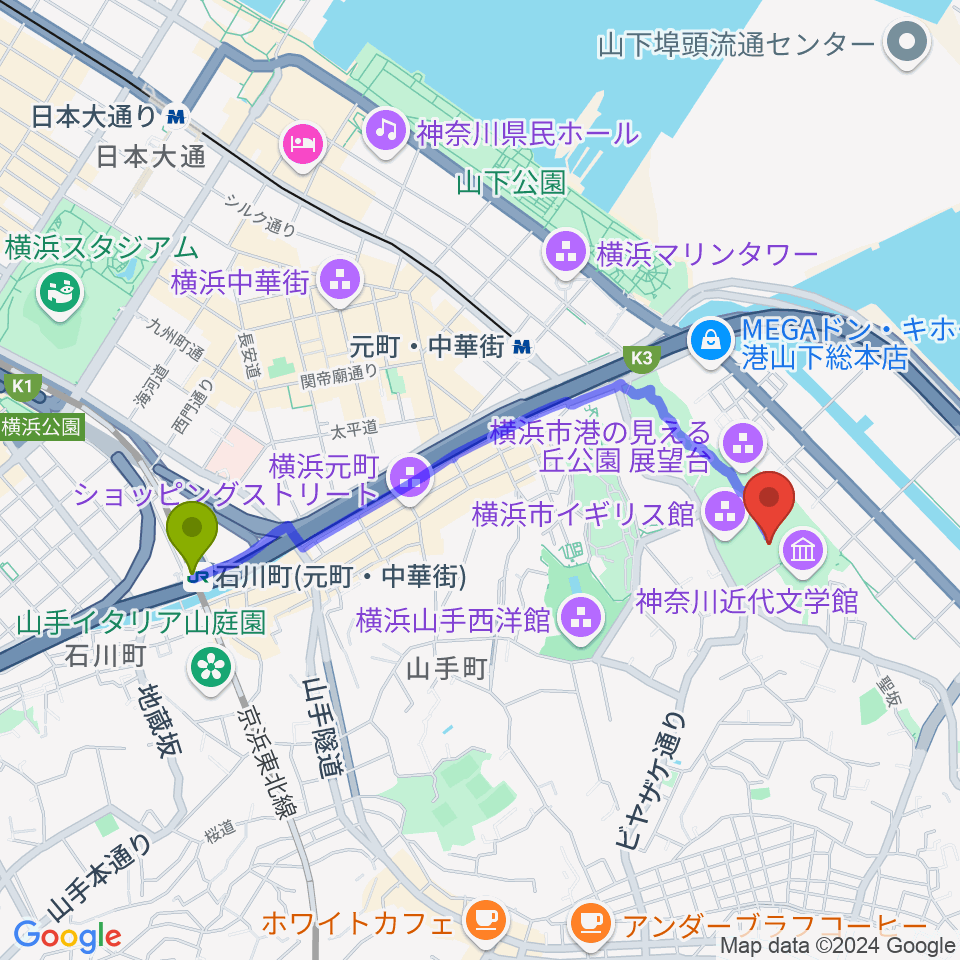 石川町駅から大佛次郎記念館へのルートマップ地図