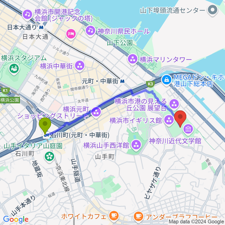 石川町駅から大佛次郎記念館へのルートマップ地図