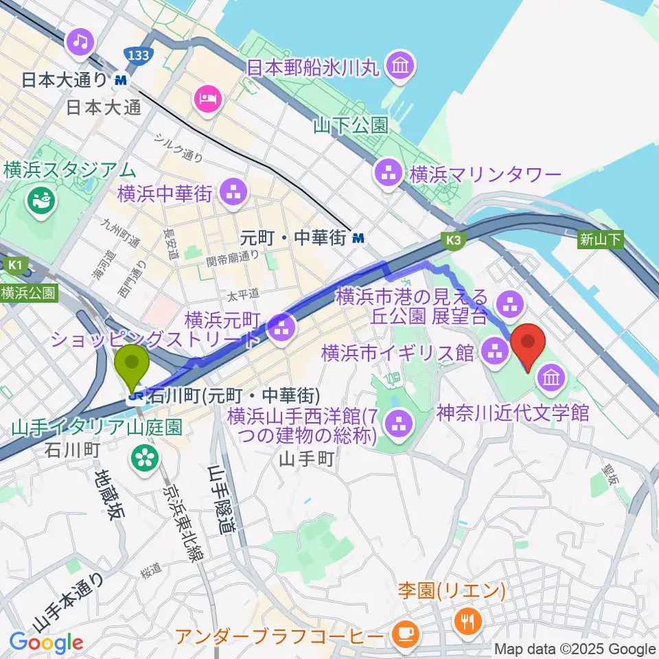 石川町駅から大佛次郎記念館へのルートマップ地図