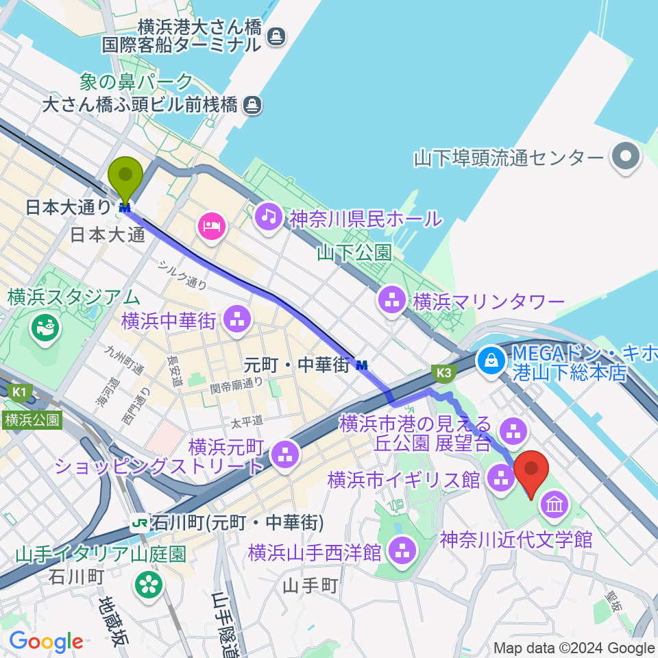 日本大通り駅から大佛次郎記念館へのルートマップ地図