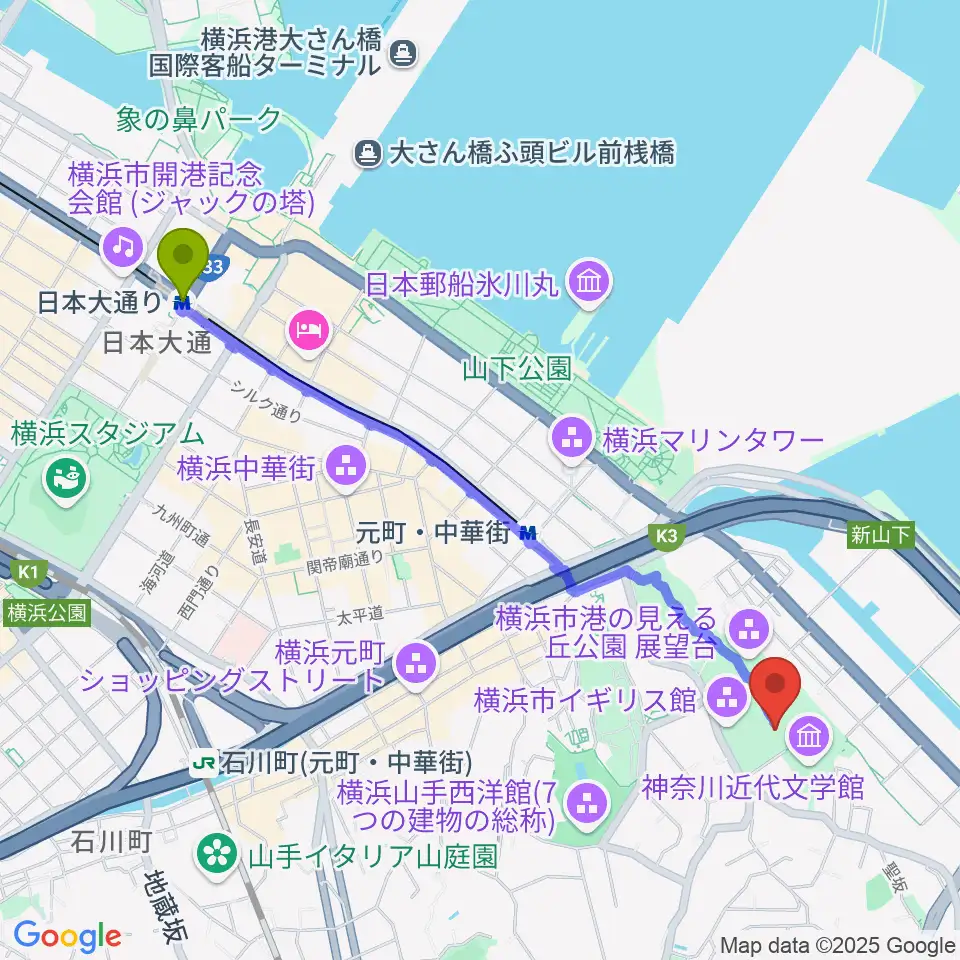 日本大通り駅から大佛次郎記念館へのルートマップ地図