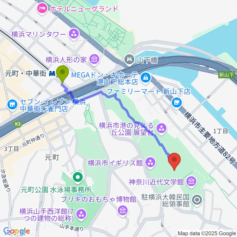 大佛次郎記念館の最寄駅元町・中華街駅からの徒歩ルート（約9分）地図