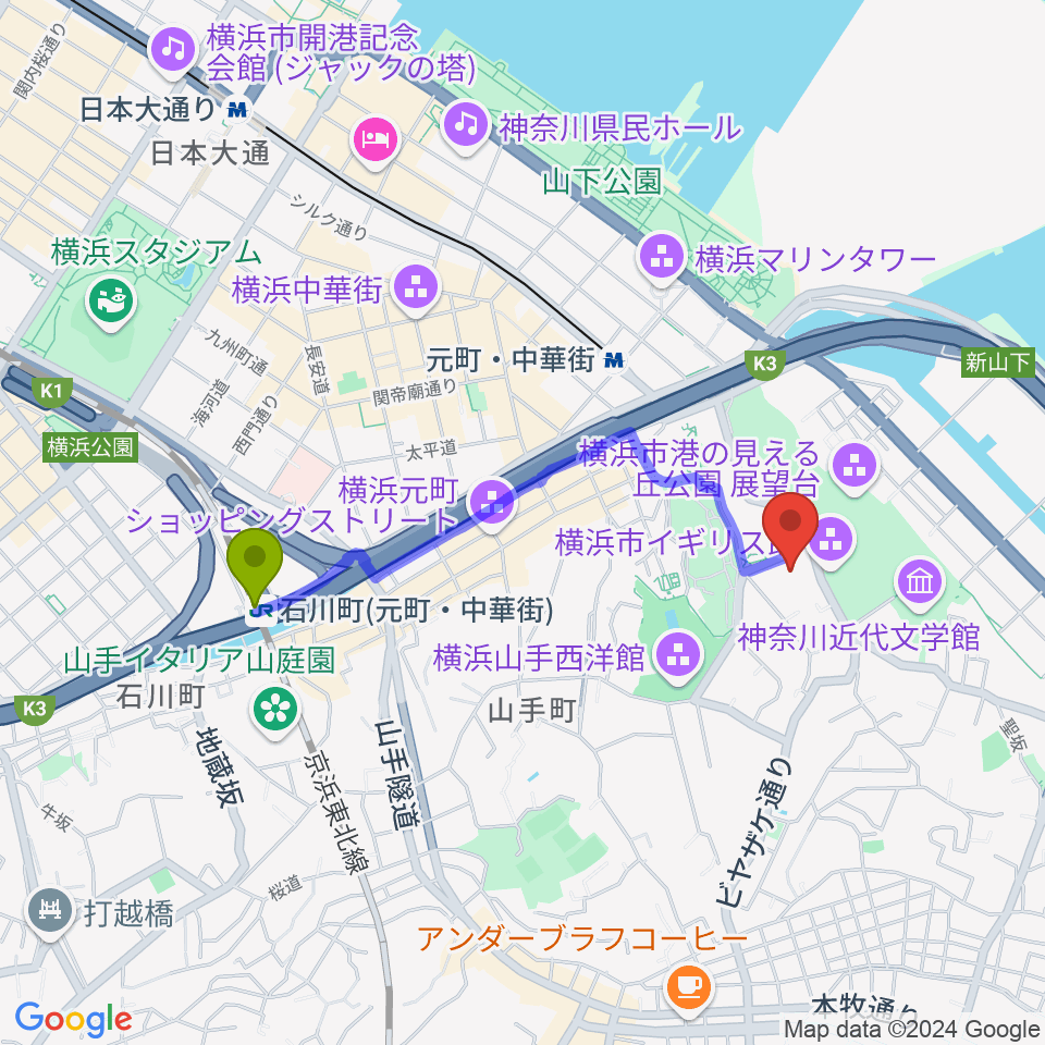 石川町駅から岩崎博物館 ゲーテ座記念へのルートマップ地図