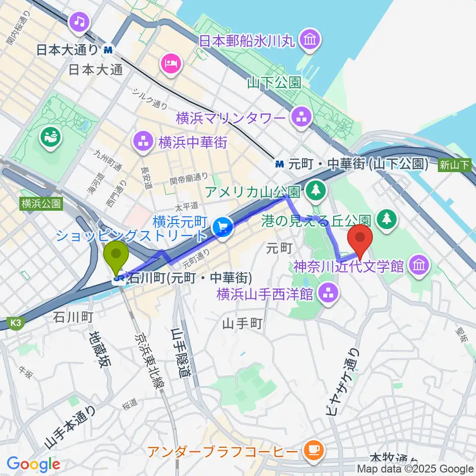 石川町駅から岩崎博物館 ゲーテ座記念へのルートマップ地図
