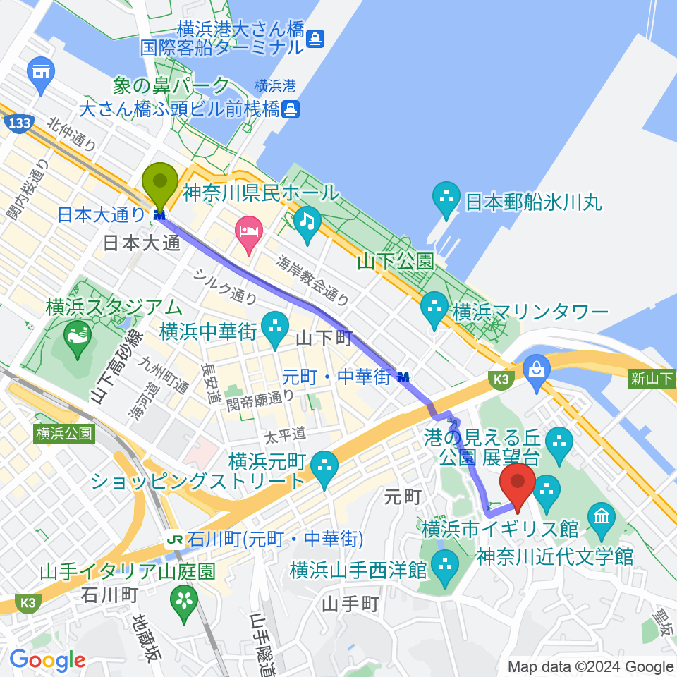 日本大通り駅から岩崎博物館 ゲーテ座記念へのルートマップ地図