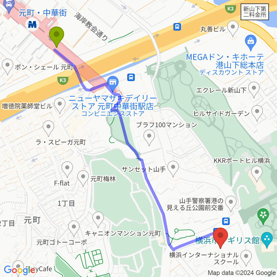 岩崎博物館 ゲーテ座記念の最寄駅元町・中華街駅からの徒歩ルート（約7分）地図